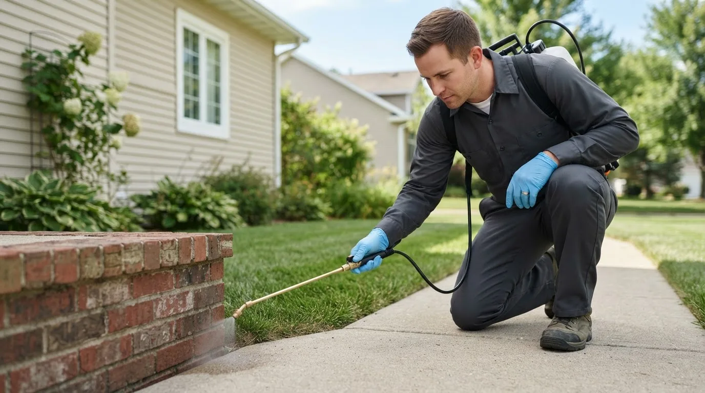 Pest control technician treating a home near Neshkoro, WI